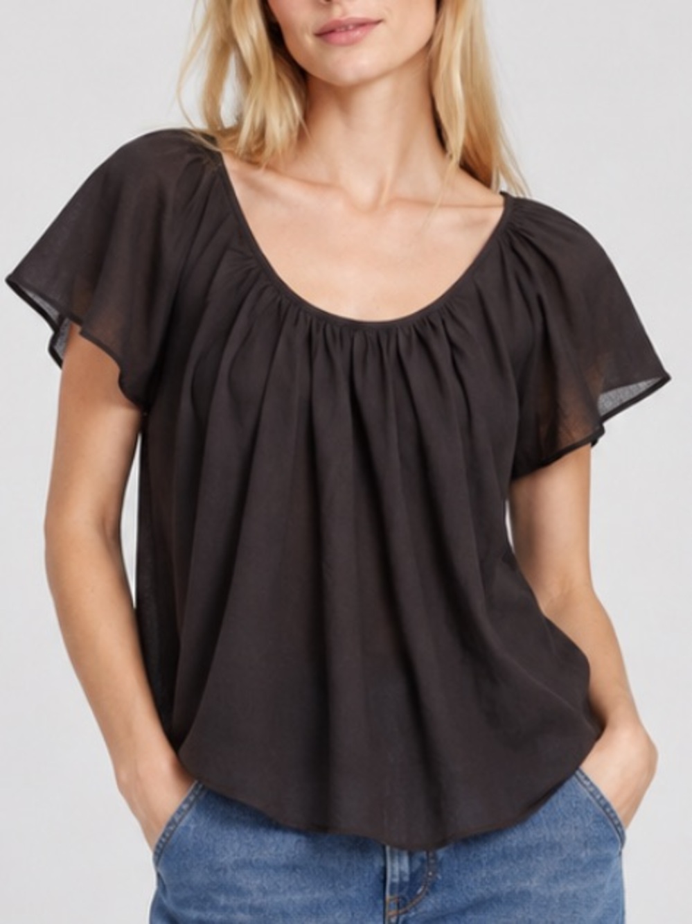 Apiece Apart Stella Gathered Scoop Neckline with Flutter Sleeves Cotton in Black